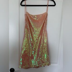 Kimchi Blue (Urban Outfitters) Sequin Slip Dress in Iridescent Pink and Green
